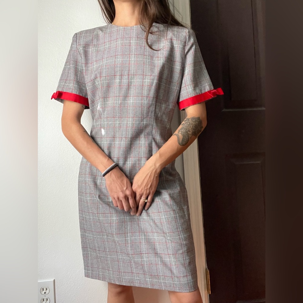 80’s vintage plaid shift dress with ribbon accents